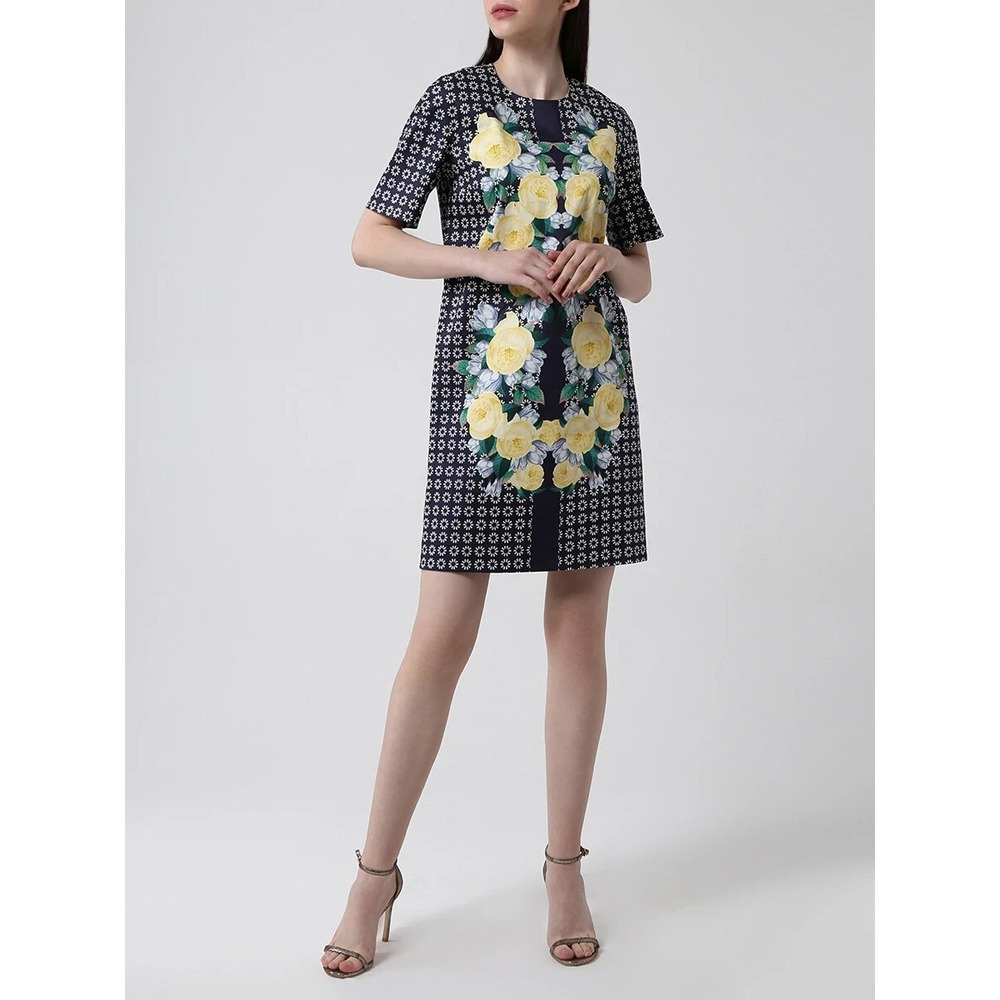 Mother Of Pearl Floral Roses Daisy Navy Yellow Shift Dress Mod 60s Mini Size M